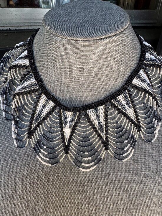 Vintage Jewelry - Beaded Black & White Art Deco-Style Statement Necklace